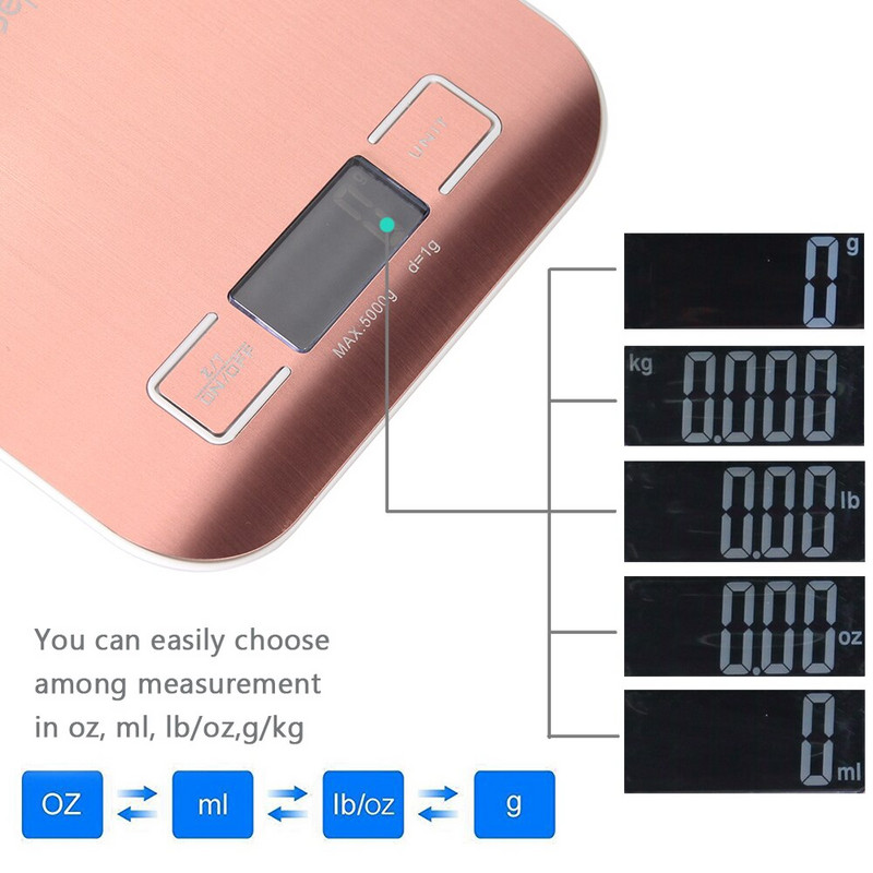 Кухненска везна Мултифункционална цифрова везна за храна, 11 lb 5 kg, платформа от неръждаема стомана с LCD дисплей (розово злато/сребро)