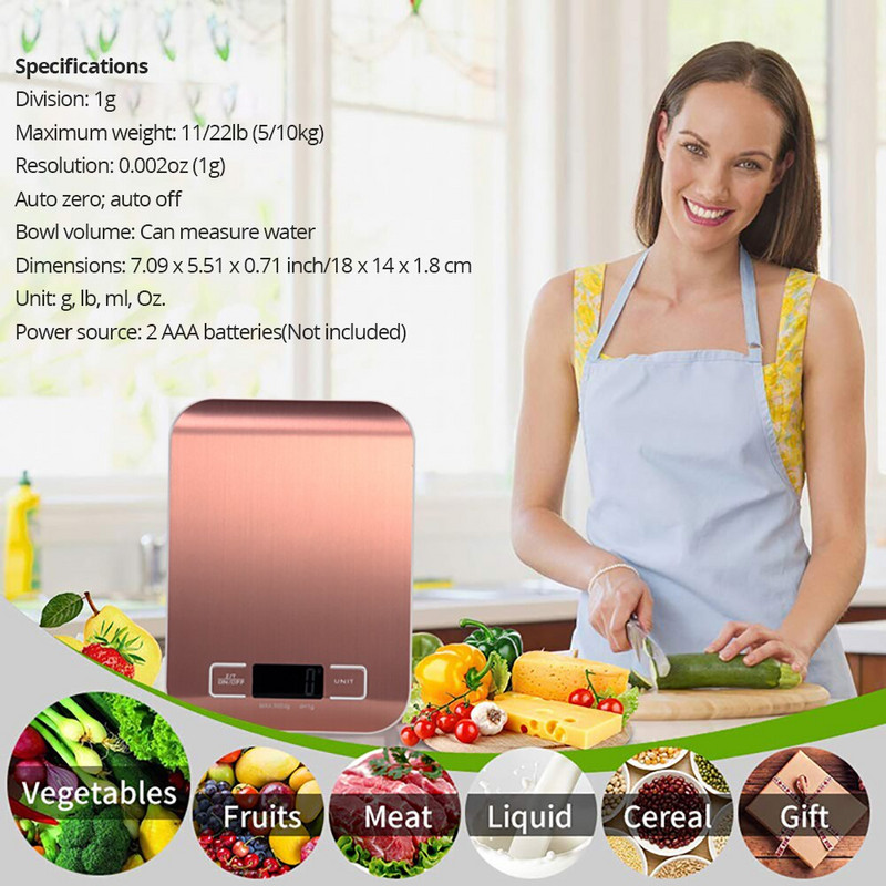 Кухненска везна Мултифункционална цифрова везна за храна, 11 lb 5 kg, платформа от неръждаема стомана с LCD дисплей (розово злато/сребро)
