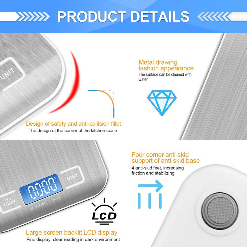 Virtuvės svarstyklės nerūdijančio plieno svėrimo svarstyklės maistui Dieta Pašto balanso matavimas LCD tikslios elektroninės svarstyklės