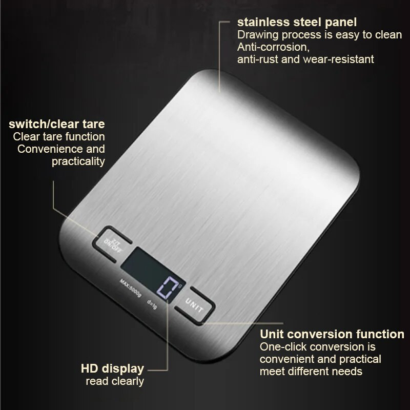 10/5 kg multifunkčná kuchynská váha z nehrdzavejúcej ocele, presná elektronická potravinová váha s LCD displejom, digitálna gramová váha