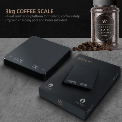 Nová elektronická kuchynská váha s čiernym zrkadlom Basic+ s váhou 0,1 g/3 kg, vstavaným automatickým časovačom, inteligentnou a presnou váhou na espresso.