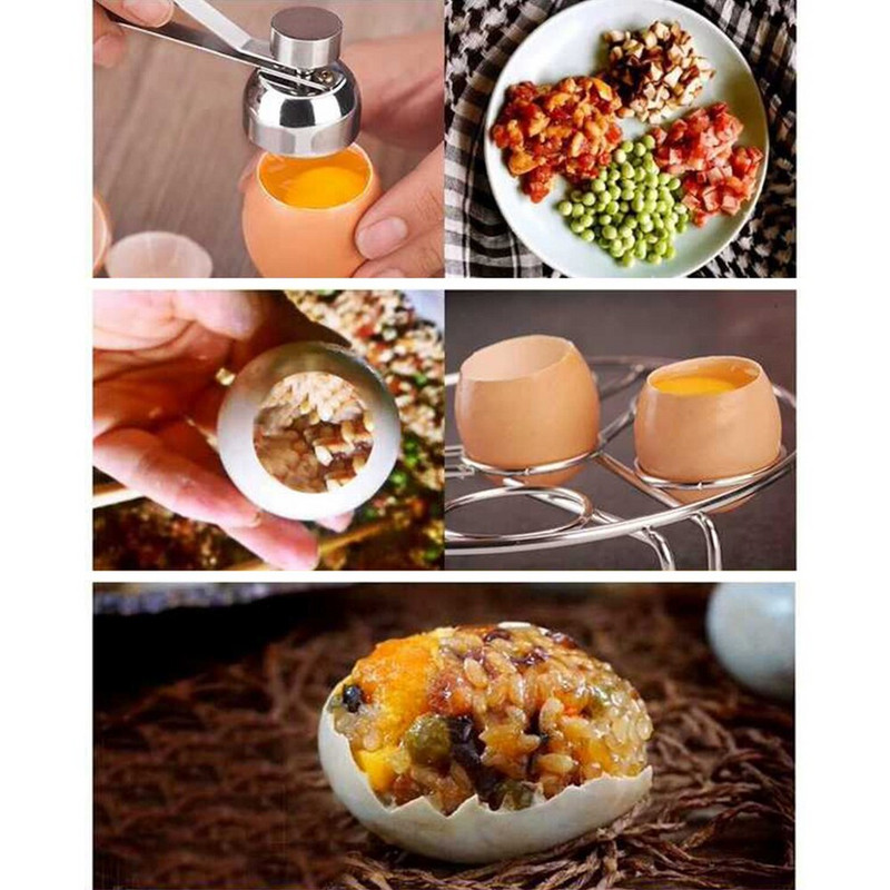 2022. gada nerūsējošā tērauda praktiskas metāla olu šķēres, olu griezējs, čaumalu attaisāmais, vārītas neapstrādātas olas, atvērts radošais virtuves rīku komplekts