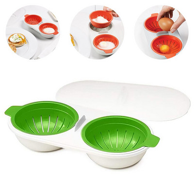 Mikrohullámú tojásos orvvadász Élelmiszer-minőségű edények Dupla csésze tojásbojler Konyha Párolt tojás Otthoni Konyha Szerszámok Főzőeszközök