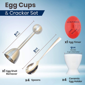 Κομψό σετ για φλιτζάνια και κράκερ αυγών με 4 κεραμικές θήκες αυγών + 4 κουτάλια SS + 1 κάλυμμα αυγών σκληρό και μαλακό χρονόμετρο αυγών