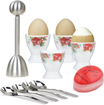 Елегантен комплект чаши за яйца и крекери от 4 керамични държача за яйца + 4 SS лъжици + 1 топер за яйца, таймер за твърдо и меко сварени яйца
