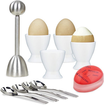 Елегантен комплект чаши за яйца и крекери от 4 керамични държача за яйца + 4 SS лъжици + 1 топер за яйца, таймер за твърдо и меко сварени яйца