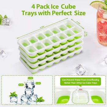 Форми за кубчета лед 4 опаковки, лесно свалящи се силиконови и 14 формички за кубчета Lce с подвижен капак, устойчив на пръски, ледени кубчета