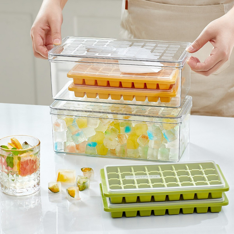 Tácka na ľad s vekom a úložným priestorom na ľad, bez BPA, 22 mriežok, malé tácky na ľad, ľahko sa uvoľňujú na chladné nápoje, kuchynský bar