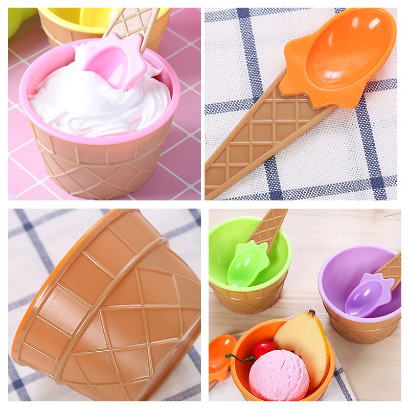 Fais Du Children Bol pentru înghețată din plastic cu lingură conică Cupă pentru desert de culoarea bomboanelor Băutură de ciocolată Accesorii de bucătărie