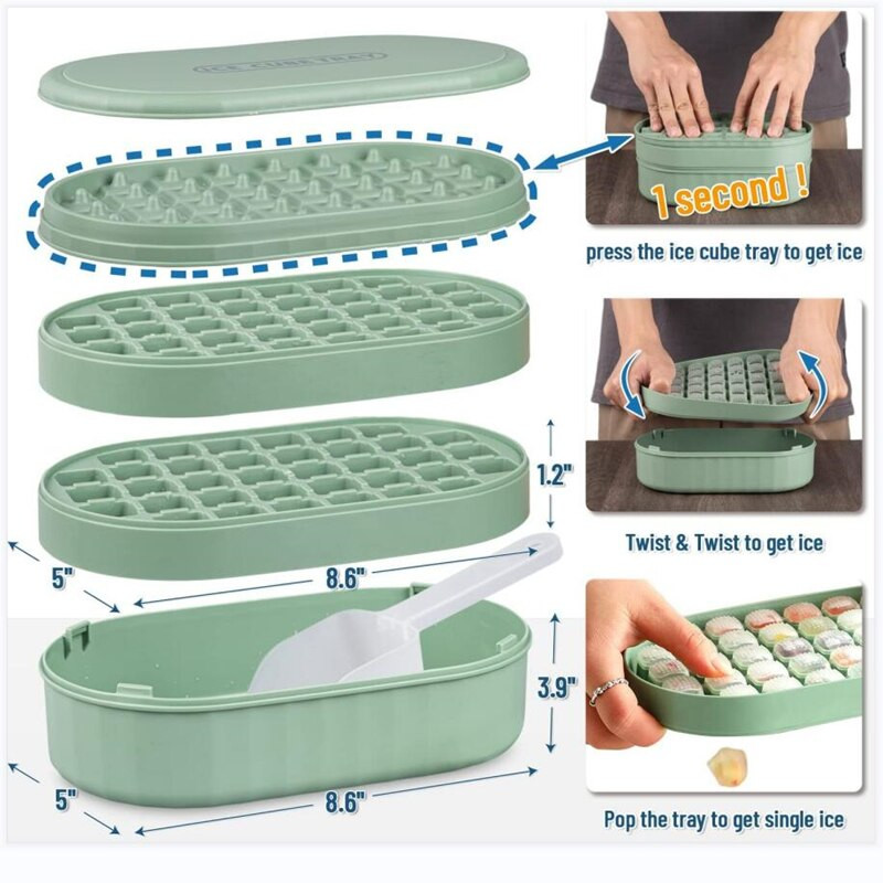 Ledo kubelių padėklas su dangteliu ir dėklu, lengvai atjungiamos ir lanksčios 72 kubelių sukraunamos ledo formelės su indu, ledo gaminimo aparatas su kaušeliu, be BPA
