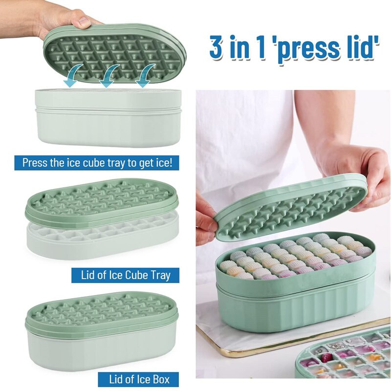 Ledo kubelių padėklas su dangteliu ir dėklu, lengvai atjungiamos ir lanksčios 72 kubelių sukraunamos ledo formelės su indu, ledo gaminimo aparatas su kaušeliu, be BPA