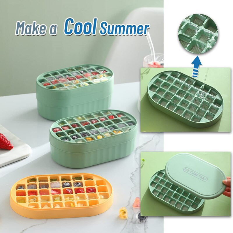 Ledo kubelių padėklas su dangteliu ir dėklu, lengvai atjungiamos ir lanksčios 72 kubelių sukraunamos ledo formelės su indu, ledo gaminimo aparatas su kaušeliu, be BPA