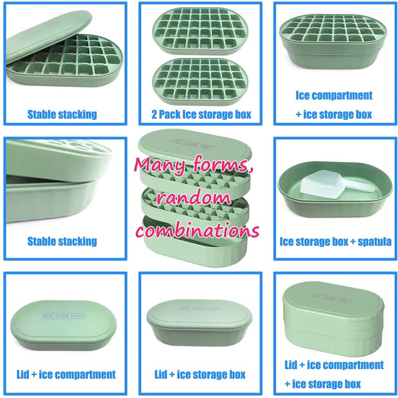 Ledo kubelių padėklas su dangteliu ir dėklu, lengvai atjungiamos ir lanksčios 72 kubelių sukraunamos ledo formelės su indu, ledo gaminimo aparatas su kaušeliu, be BPA