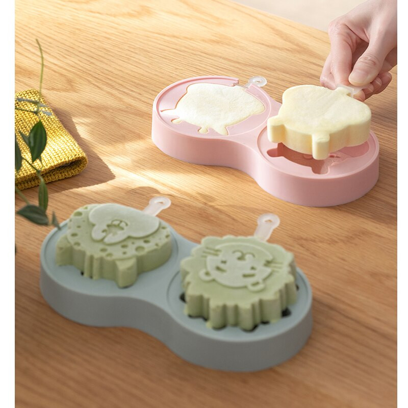 Silikónová forma na nanuk, kreslená DIY ručne vyrobená forma na ľad, mriežková forma, opakovane použiteľná forma na ľad bez BPA s viečkami, tyčinky, teľa hroch, dinosaurus