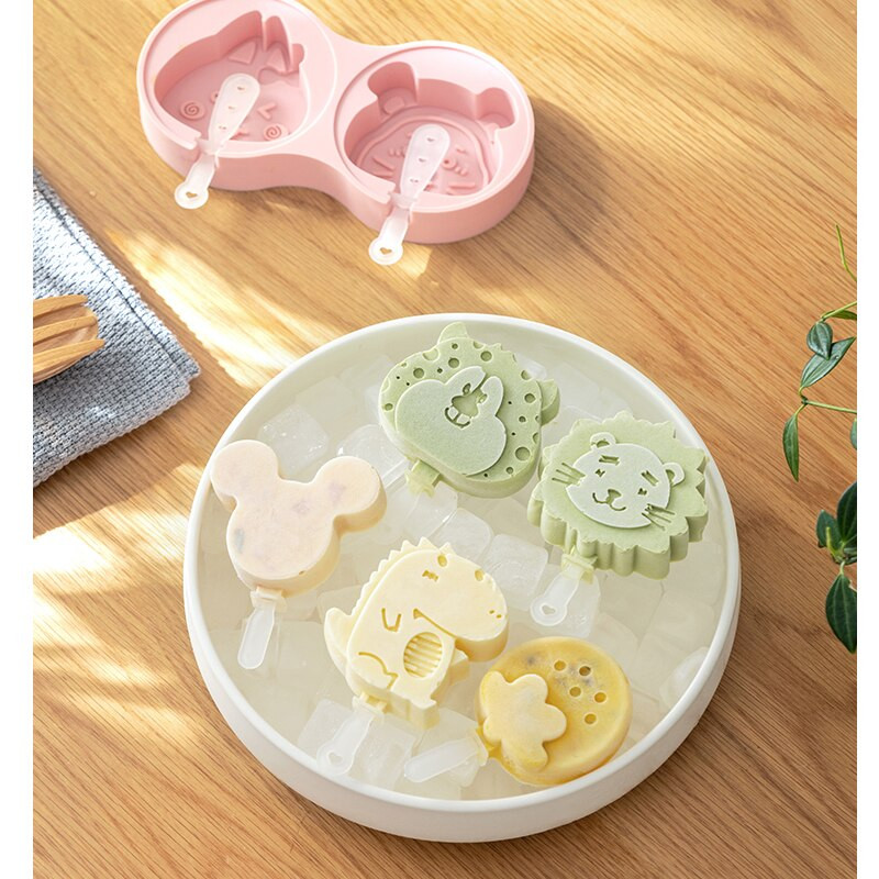 Silikónová forma na nanuk, kreslená DIY ručne vyrobená forma na ľad, mriežková forma, opakovane použiteľná forma na ľad bez BPA s viečkami, tyčinky, teľa hroch, dinosaurus