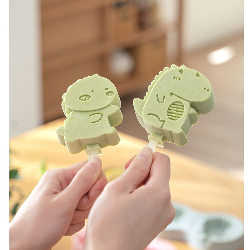 Silikónová forma na nanuk, kreslená DIY ručne vyrobená forma na ľad, mriežková forma, opakovane použiteľná forma na ľad bez BPA s viečkami, tyčinky, teľa hroch, dinosaurus