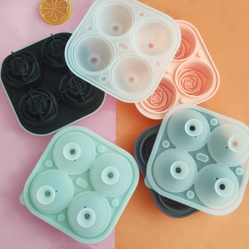 Silikónová forma na ľad so 4 otvormi v tvare ružového kvetu, DIY, koktailový ľadový kvet, ľadová kocka, abrazívny silikónový nástroj na whisky a vináreň