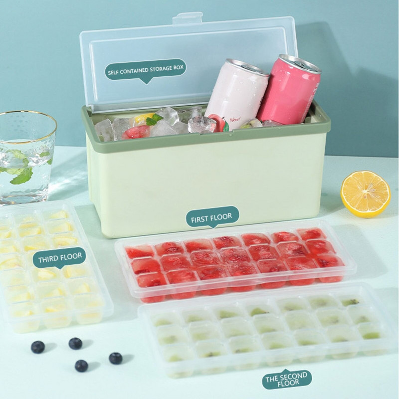 Ledo kubelių padėklas su dangčiu ir dėžute Silikono ledo padėklas šaldikliui tiekiamas su ledo indo kaušeliu ir dangteliu gero dydžio ledo kibiras