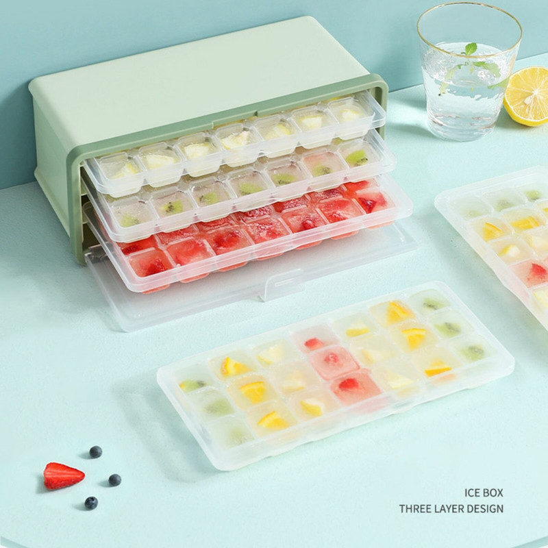 Ledo kubelių padėklas su dangčiu ir dėžute Silikono ledo padėklas šaldikliui tiekiamas su ledo indo kaušeliu ir dangteliu gero dydžio ledo kibiras