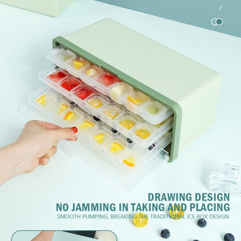 Ledo kubelių padėklas su dangčiu ir dėžute Silikono ledo padėklas šaldikliui tiekiamas su ledo indo kaušeliu ir dangteliu gero dydžio ledo kibiras