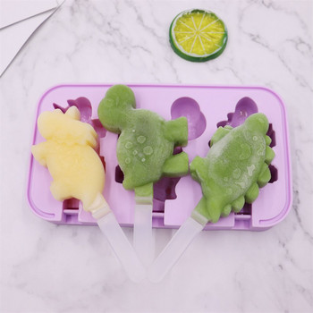 Силициев шаблон за сладолед Форма на динозавър с 6 PP стик, лесно освобождаваща се многофункционална 4 цвята Popsicle Ice-cream Mold wzpi
