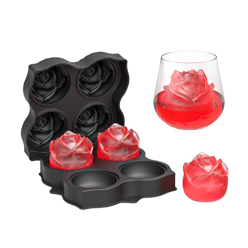 SHENHONG Letné 4 mriežky Silikónová sada tácok na ľad s ružami Forma na čokoládu Forma na zmrzlinu Whisky Bar Studený nápoj Kuchynské náradie