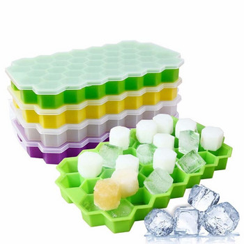 Силиконови ледени кубчета с пчелна пита 37 клетки Тави за лед Мухъл Кутия за лед за многократна употреба Ice Cube с капаци за уиски Коктейл Направи си сам Мухъл Без BPA