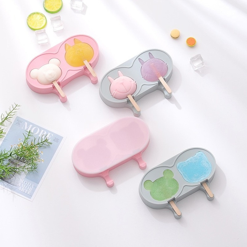 Silikónová forma na zmrzlinu s dvojitou mriežkou/mačiatkom/králikom, DIY ručne vyrobená kreatívna forma na nanuk, domáci podnos na ľad, 20 drevených tyčiniek