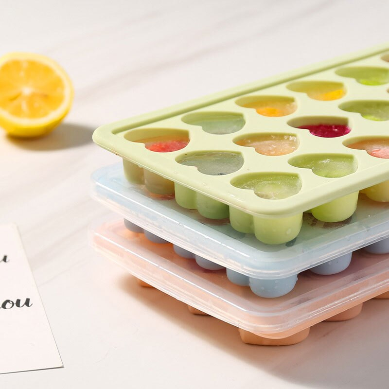 Plne mäkký silikónový výrobník ľadu v tvare srdca, okrúhly tvar, 21 mriežok, forma na ľadové gule s krytom, domáce kuchynské doplnky