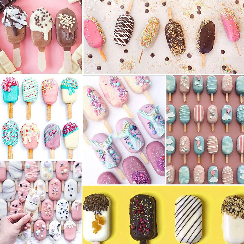 Silikónové formy na zmrzlinu, opakovane použiteľné formy na zmrzlinu, čokoládové formy na tortu, drevené tyčinky, dezertné nástroje