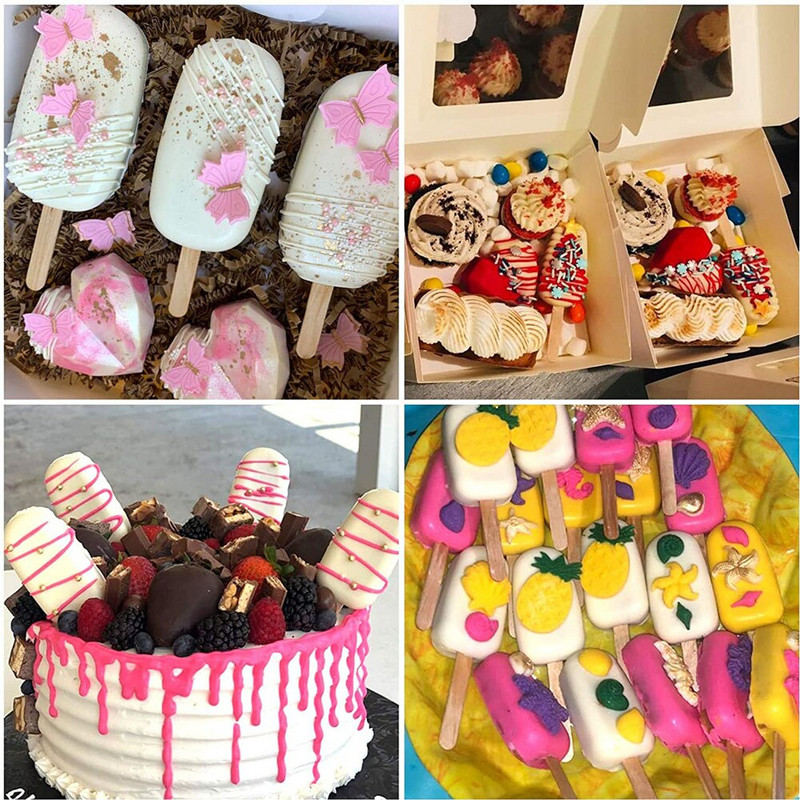 Silikónové formy na zmrzlinu, opakovane použiteľné formy na zmrzlinu, čokoládové formy na tortu, drevené tyčinky, dezertné nástroje