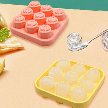 Силиконови форми за кубчета лед с капак 9 дупки Форма на розово цвете Многократна тава за кубчета лед Инструмент за сладолед Кухненски аксесоари
