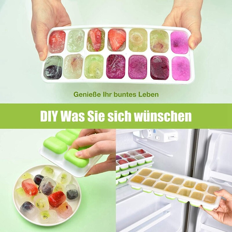 14-priehradková štvorcová miska na ľad, silikónová štvorcová miska na ľad s vekom, stohovateľné štvorcové misky na ľad, (4 ks) (zelená)