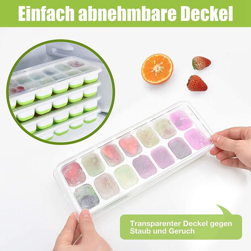 14-priehradková štvorcová miska na ľad, silikónová štvorcová miska na ľad s vekom, stohovateľné štvorcové misky na ľad, (4 ks) (zelená)