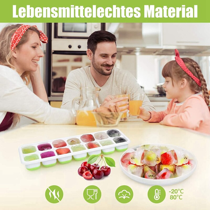 14 rekeszes jégszögletes tálca, szilikon jégszögletes tálca fedéllel, egymásra rakható jégszögletes tálcák, (4 csomag) (zöld)