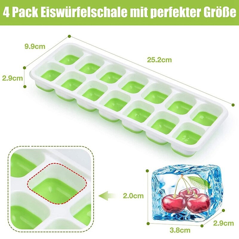 14 rekeszes jégszögletes tálca, szilikon jégszögletes tálca fedéllel, egymásra rakható jégszögletes tálcák, (4 csomag) (zöld)