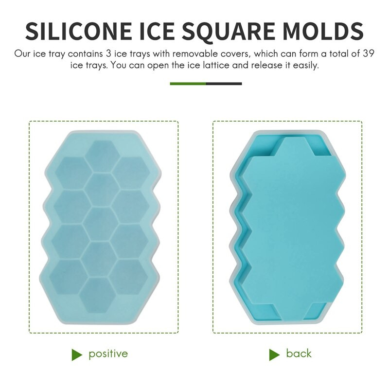3 štvorcové misky na ľad s uzavretými viečkami, silikónové formy, opakovane použiteľné šesťuholníkové misky na ľad s 39 vrstvami, na whisky, koktaily, jedlo