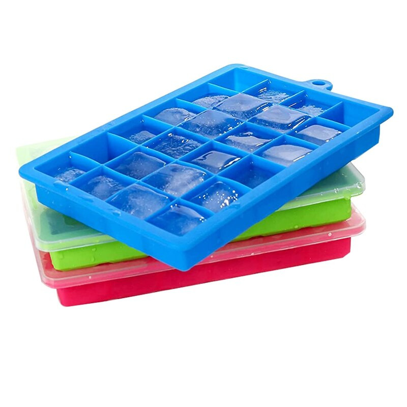 Formičky na ľad - 3 ks silikónových formičiek na ľad s viečkom, odnímateľné a stohovateľné, 24 kociek ľadu v jednej formičke