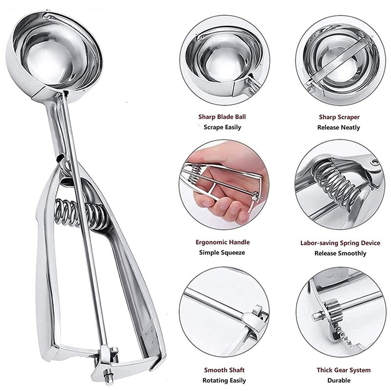 Sada naberačiek na horúcu zmrzlinu a sušienky, naberačka na zmrzlinu z nehrdzavejúcej ocele s uvoľňovačom spúšte na pečenie