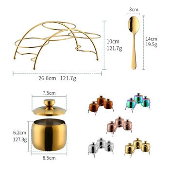 Злато от неръждаема стомана 304 Комплект тенджери за подправки Контейнер за подправки, сол, захар, Буркан с черен пипер Инструмент с капак и поставка за държач за лъжица