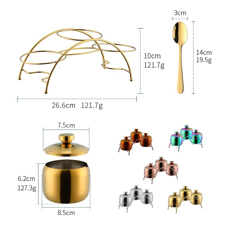 Sada koreniacich hrncov z nehrdzavejúcej ocele 304 Gold, korenie, soľ, cukor, korenie, nádoba s vekom a držiakom na lyžice