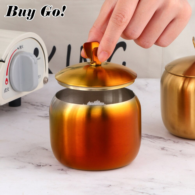 Kuchynský nerezový zlatý korenie korenie hrniec krásny dizajn korenie soľ cukor nádoba korenie pohár nástroj s viečkom a lyžicou