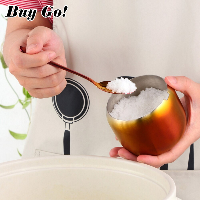 Kuchynský nerezový zlatý korenie korenie hrniec krásny dizajn korenie soľ cukor nádoba korenie pohár nástroj s viečkom a lyžicou