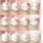 Špeciálna ponuka Keramická sada koreniacich pohárov s kresleným vzorom, kostený porcelán, štvordielna sada korenia, fľaša, kuchynské potreby, železný stojan