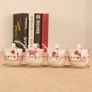 Špeciálna ponuka Keramická sada koreniacich pohárov s kresleným vzorom, kostený porcelán, štvordielna sada korenia, fľaša, kuchynské potreby, železný stojan