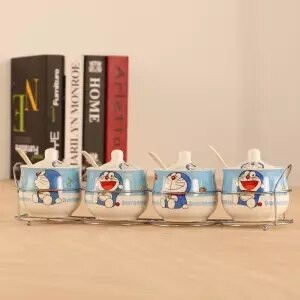 Špeciálna ponuka Keramická sada koreniacich pohárov s kresleným vzorom, kostený porcelán, štvordielna sada korenia, fľaša, kuchynské potreby, železný stojan