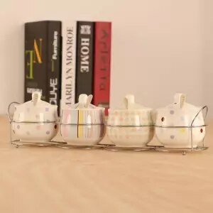 Špeciálna ponuka Keramická sada koreniacich pohárov s kresleným vzorom, kostený porcelán, štvordielna sada korenia, fľaša, kuchynské potreby, železný stojan