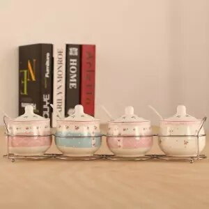 Špeciálna ponuka Keramická sada koreniacich pohárov s kresleným vzorom, kostený porcelán, štvordielna sada korenia, fľaša, kuchynské potreby, železný stojan