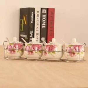 Špeciálna ponuka Keramická sada koreniacich pohárov s kresleným vzorom, kostený porcelán, štvordielna sada korenia, fľaša, kuchynské potreby, železný stojan