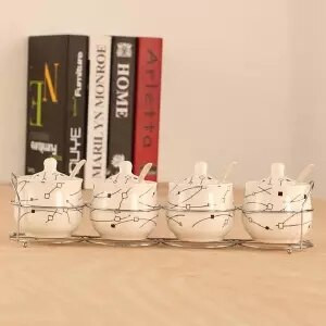 Špeciálna ponuka Keramická sada koreniacich pohárov s kresleným vzorom, kostený porcelán, štvordielna sada korenia, fľaša, kuchynské potreby, železný stojan
